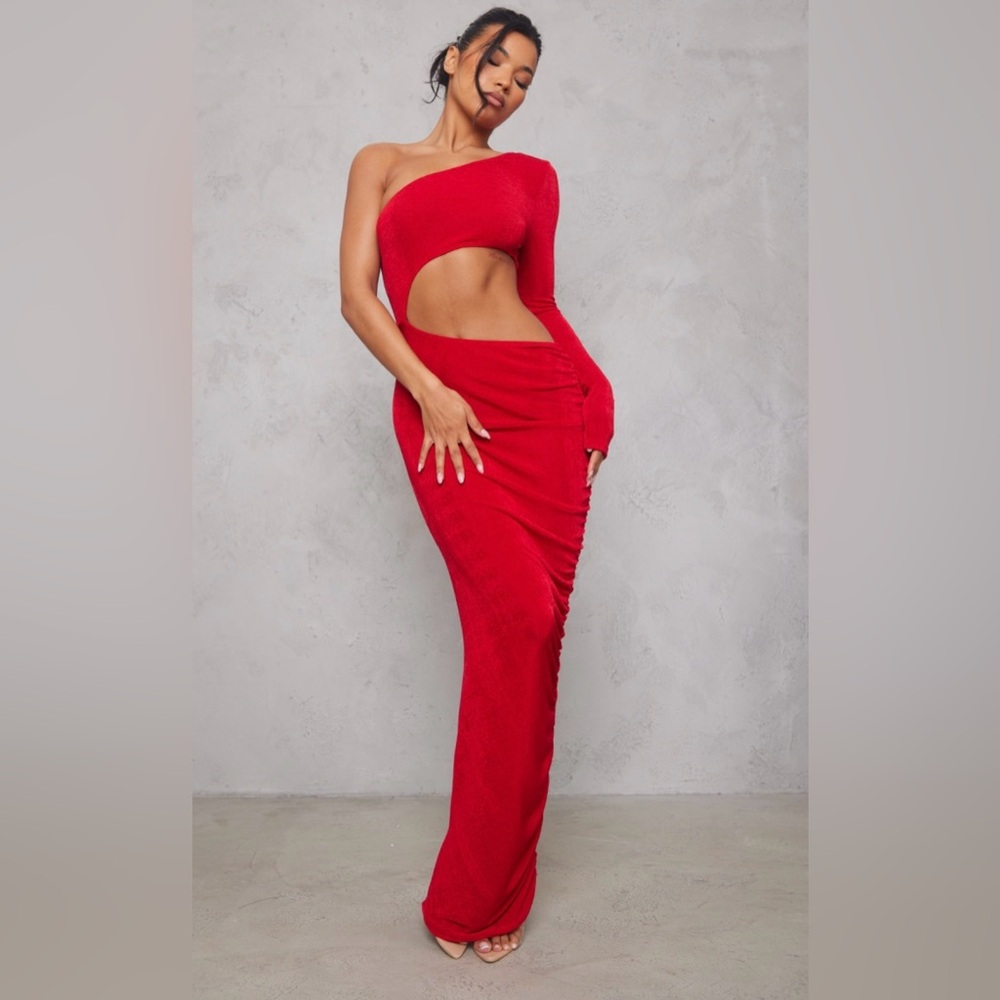 PrettyLittleThing Red Acetate Slinky Cut Out One Shoulder Maxi Dress